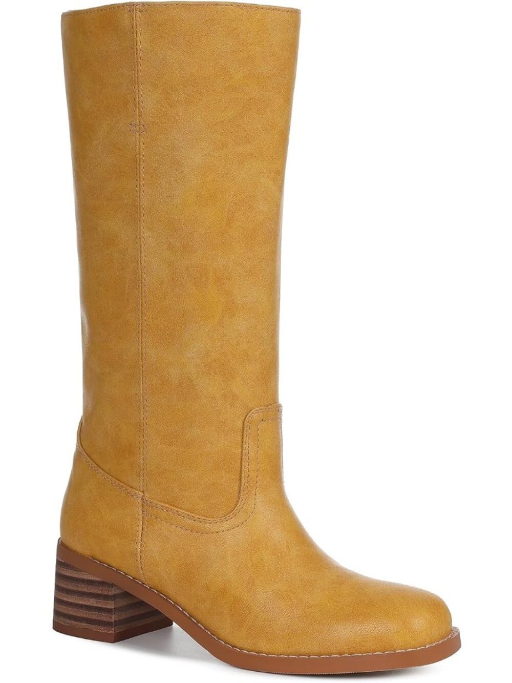 Women's Yellow Knee High Boots Square Toe Faux Leather Boot Long Tall Boots